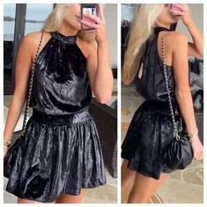 Ramy Brook Ellin Shimmer Velvet Halter Black Cocktail Mini Dress NWT Size Large